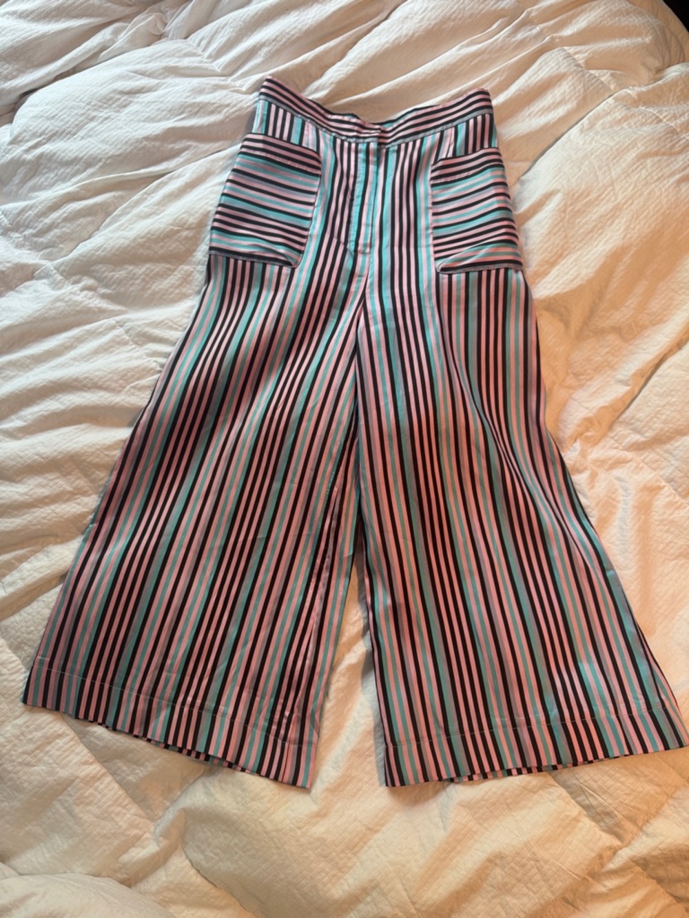 Natasha Zinko Pink Blue Black Striped Wide-Leg Crop Pants